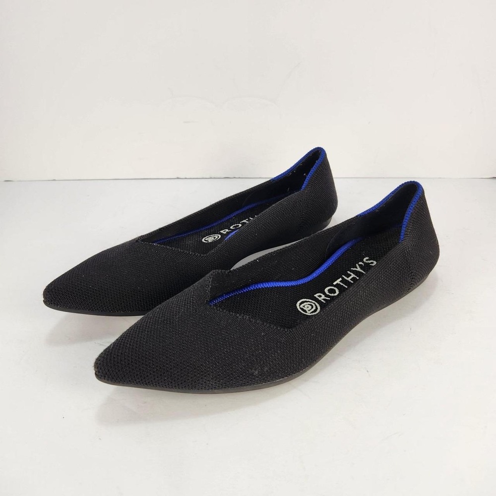 Rothy's The Point Women's Size 8 Black Blue Trim Knit Pointed Toe Ballet Flats